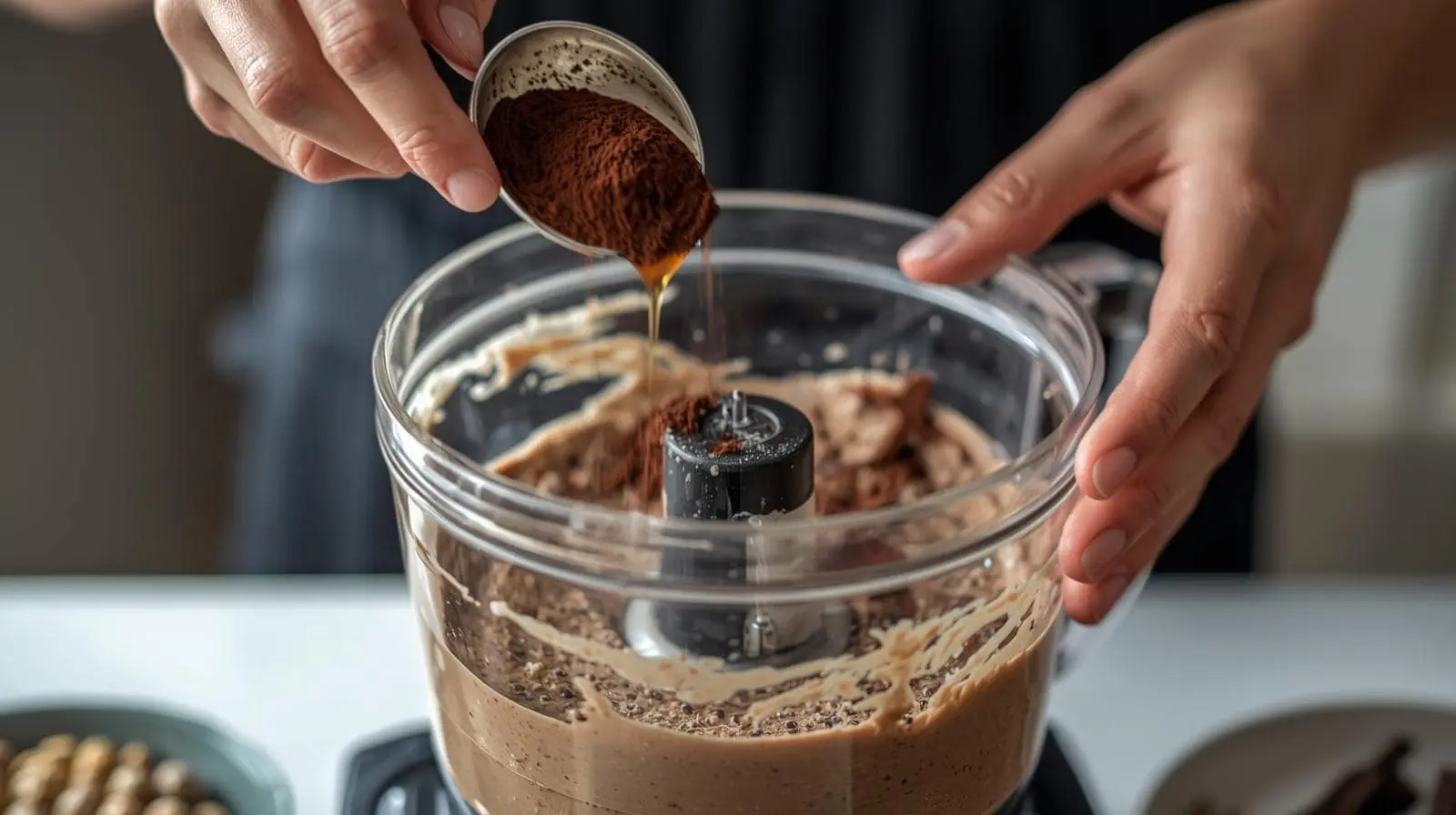 kinder Blending hazelnut paste in a food processor to make chocolate spread