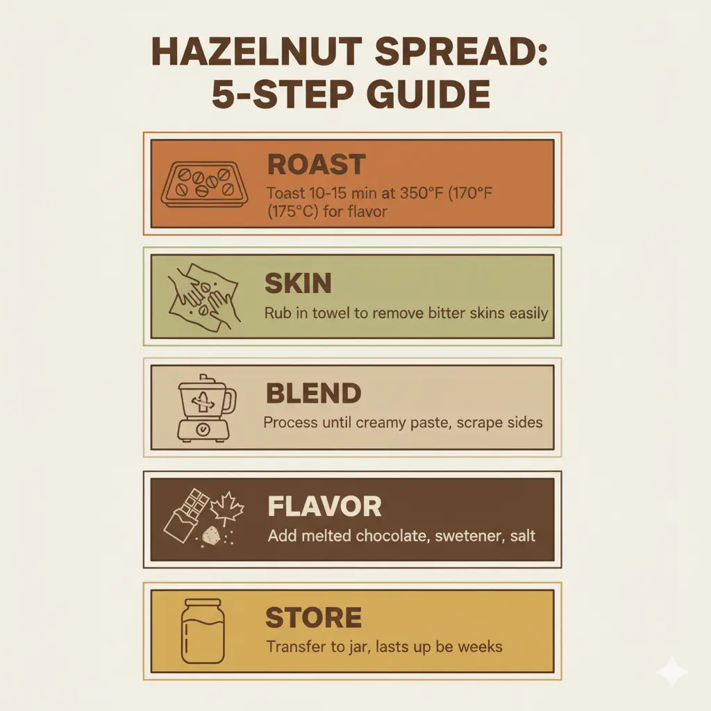 Infographic showing the five-step process to make chocolate spread from hazelnuts