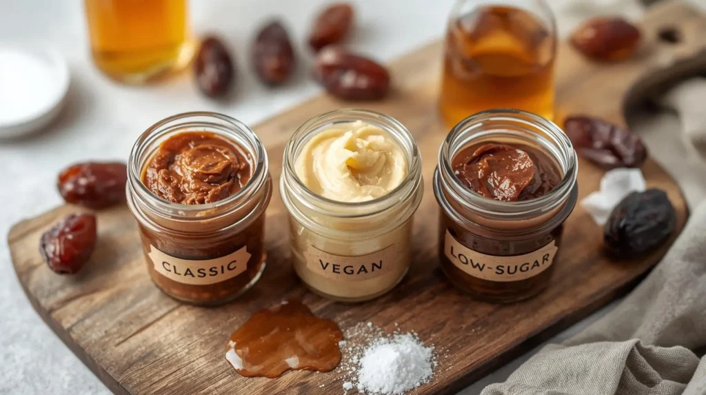 Three jars of chocolate spread variations classic, vegan, and low-sugar