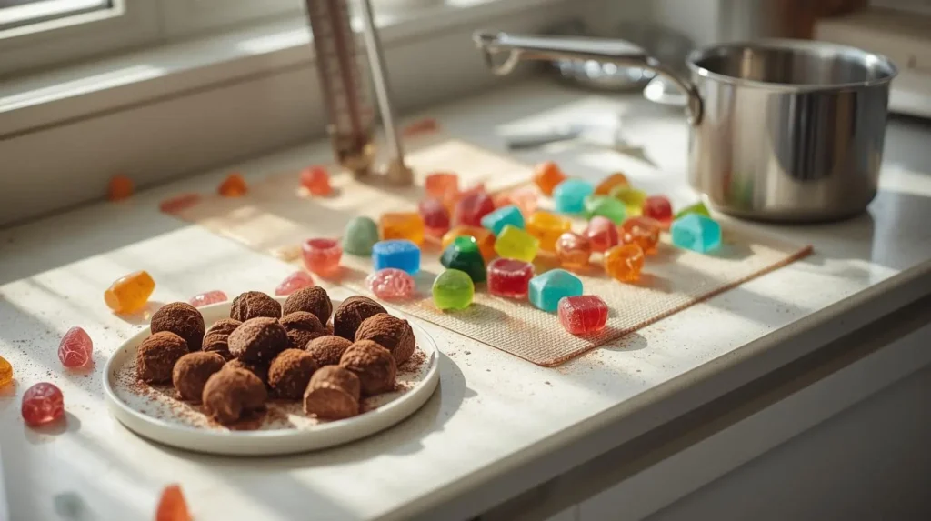 Assortment of homemade candies on a kitchen counter with molds and a candy thermometer