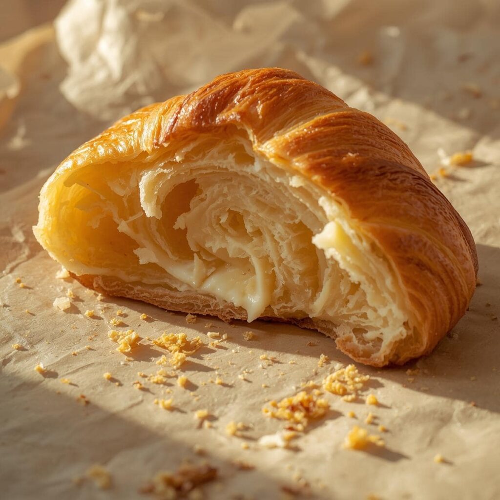 Closeup of a croissant torn open showing flaky layers.