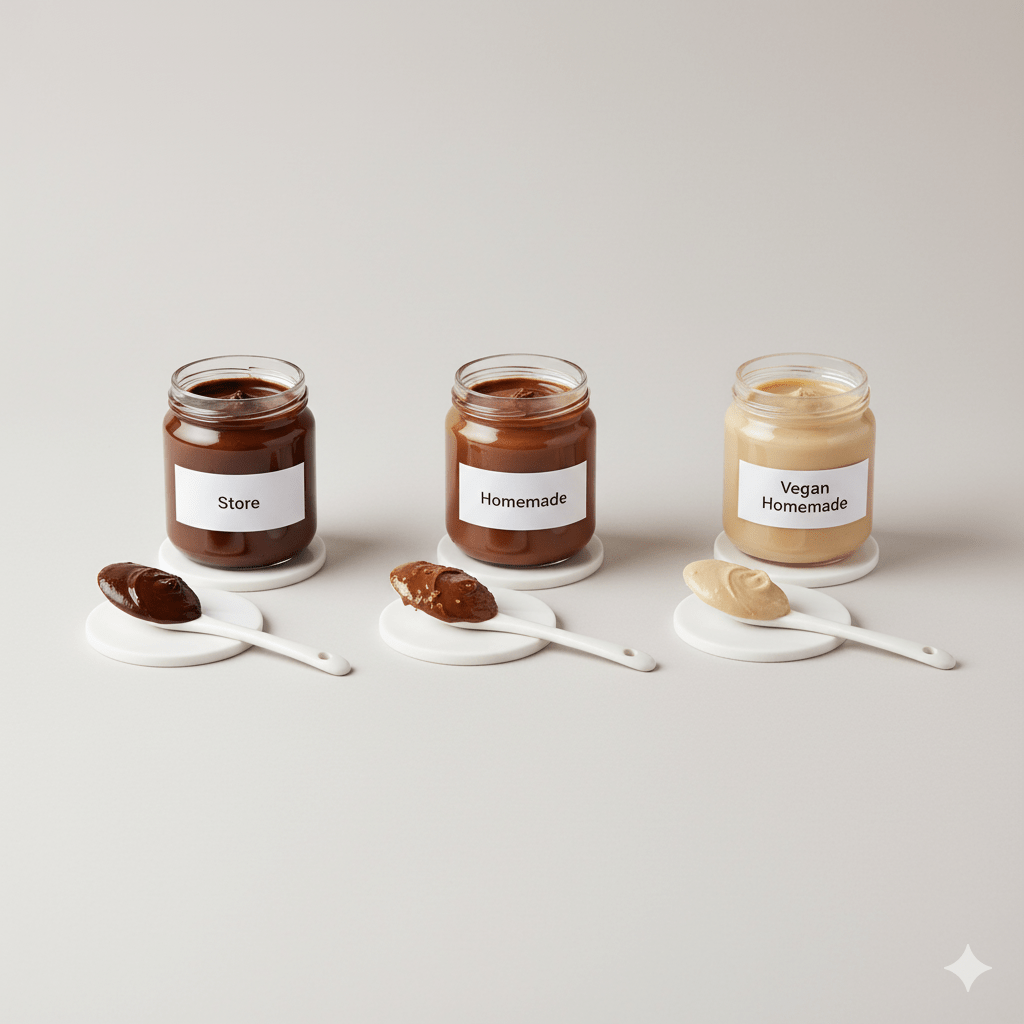 Comparison of store-bought, homemade, and vegan Kinder-style spreads in jars.