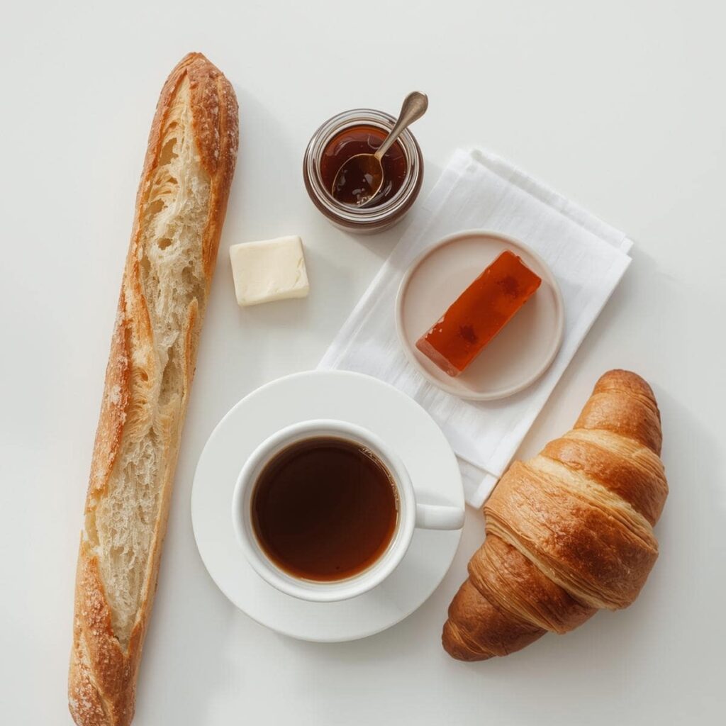 Flatlay of French breakfast ingredients baguette, butter, jam, croissant, and coffee.