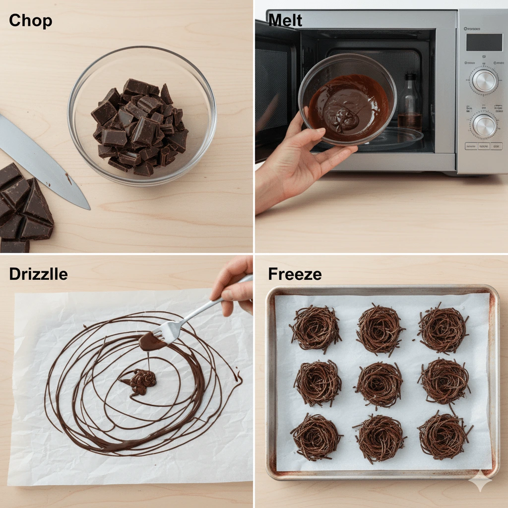 Four-step collage showing ingredients, melting, drizzling, and finished angel-hair chocolate nests.