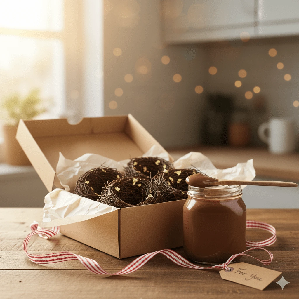 Gift box filled with angel-hair chocolate nests beside homemade Nutella jars and ribbon.