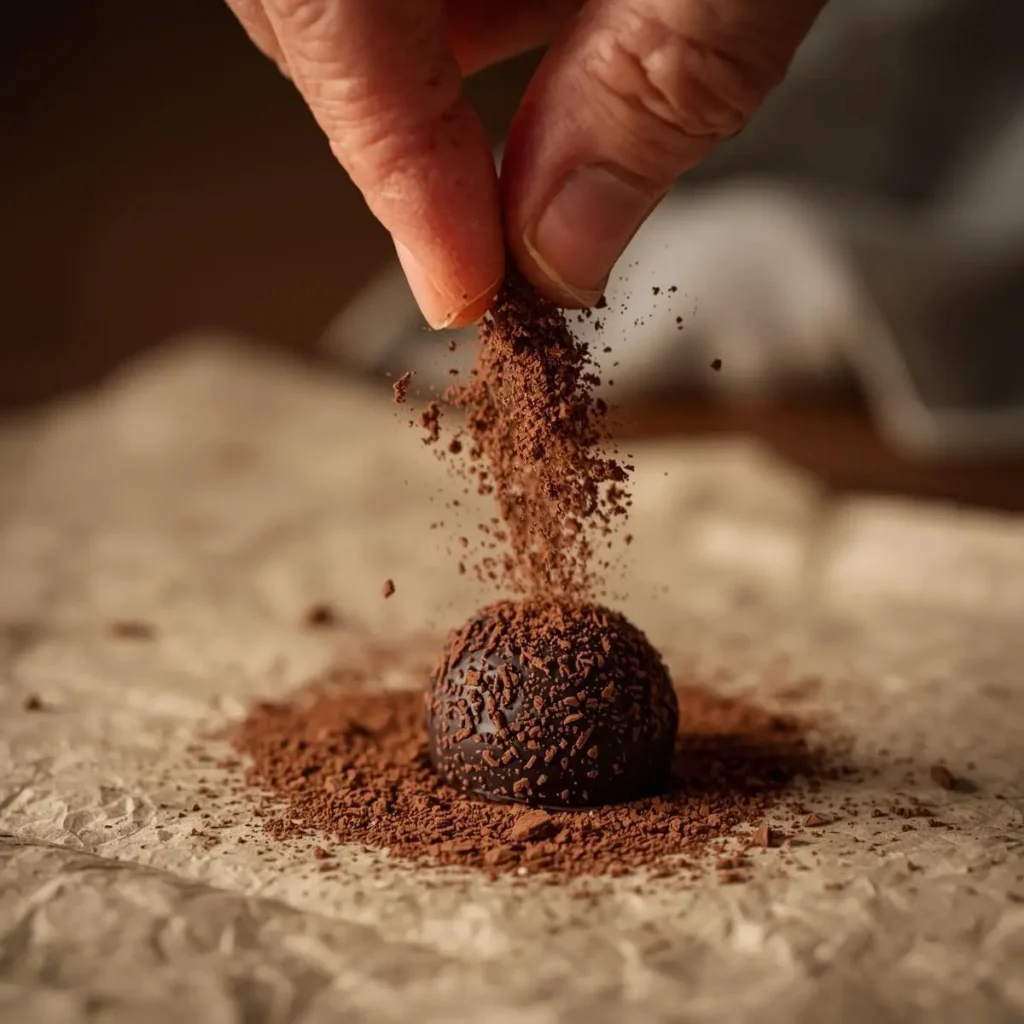 Hand dusting cocoa over a freshly rolled chocolate truffle