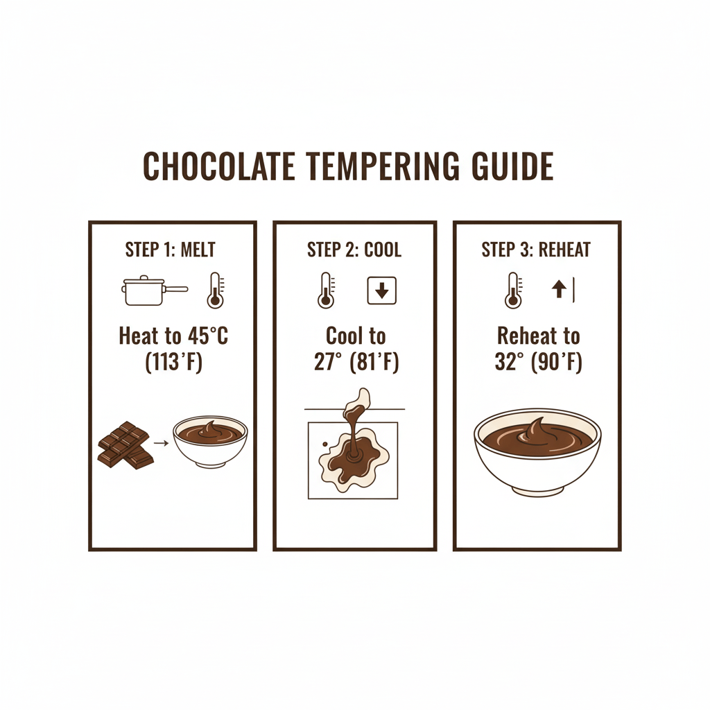 Easy Homemade Chocolate Recipes: Bars, Spreads, and Cookies for 2025 5 Infographic illustrating chocolate tempering steps and temperatures