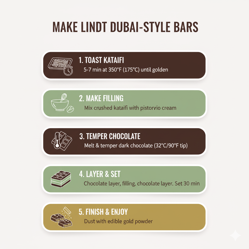 Infographic showing five steps to assemble Lindt Dubai-style chocolate bars with tempering and toasting tips.