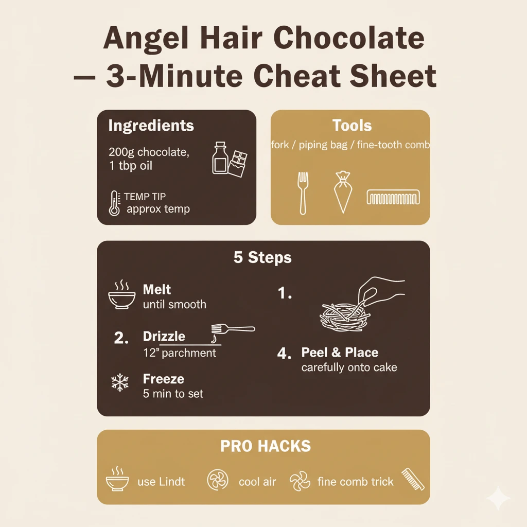 Infographic showing ingredients, steps and hacks to make angel-hair chocolate.