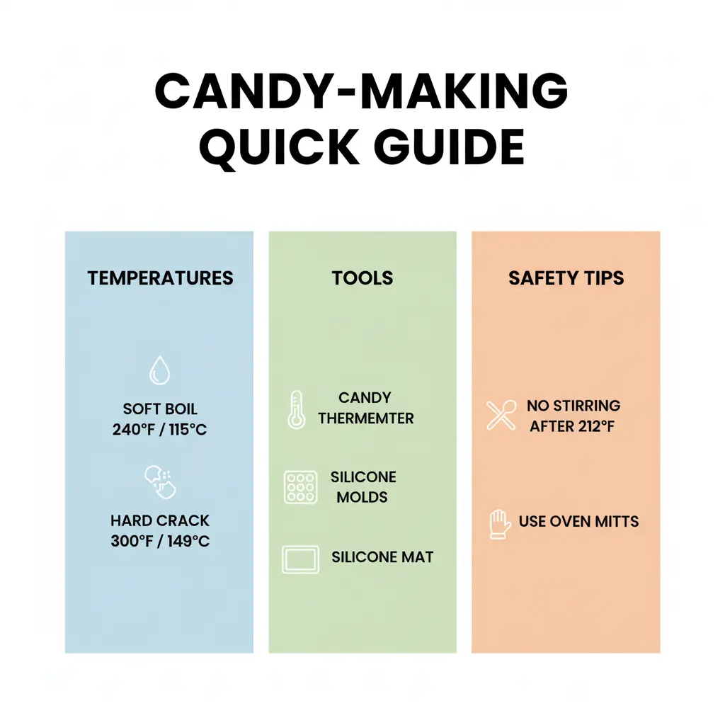 Infographic with candy-making temperatures, tools, and safety tips