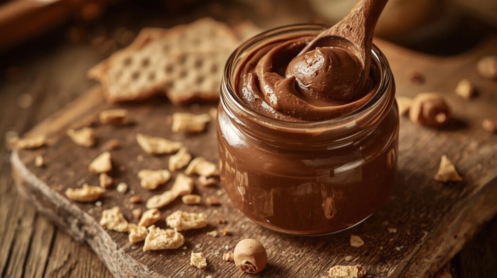 Jar of Kinder-Bueno-style spread with crushed wafers on a wooden board.