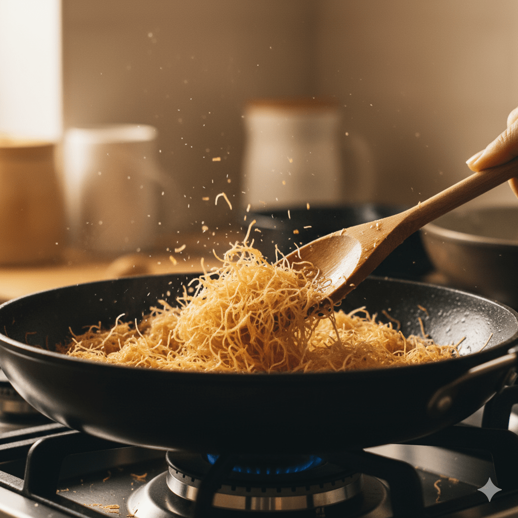 Kataifi strands toasting in a skillet with butter, stirred by a wooden spoon.
