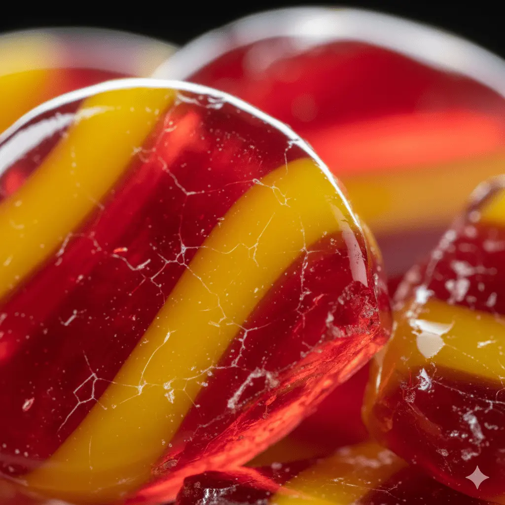 Macro closeup of glossy, colorful hard candy pieces