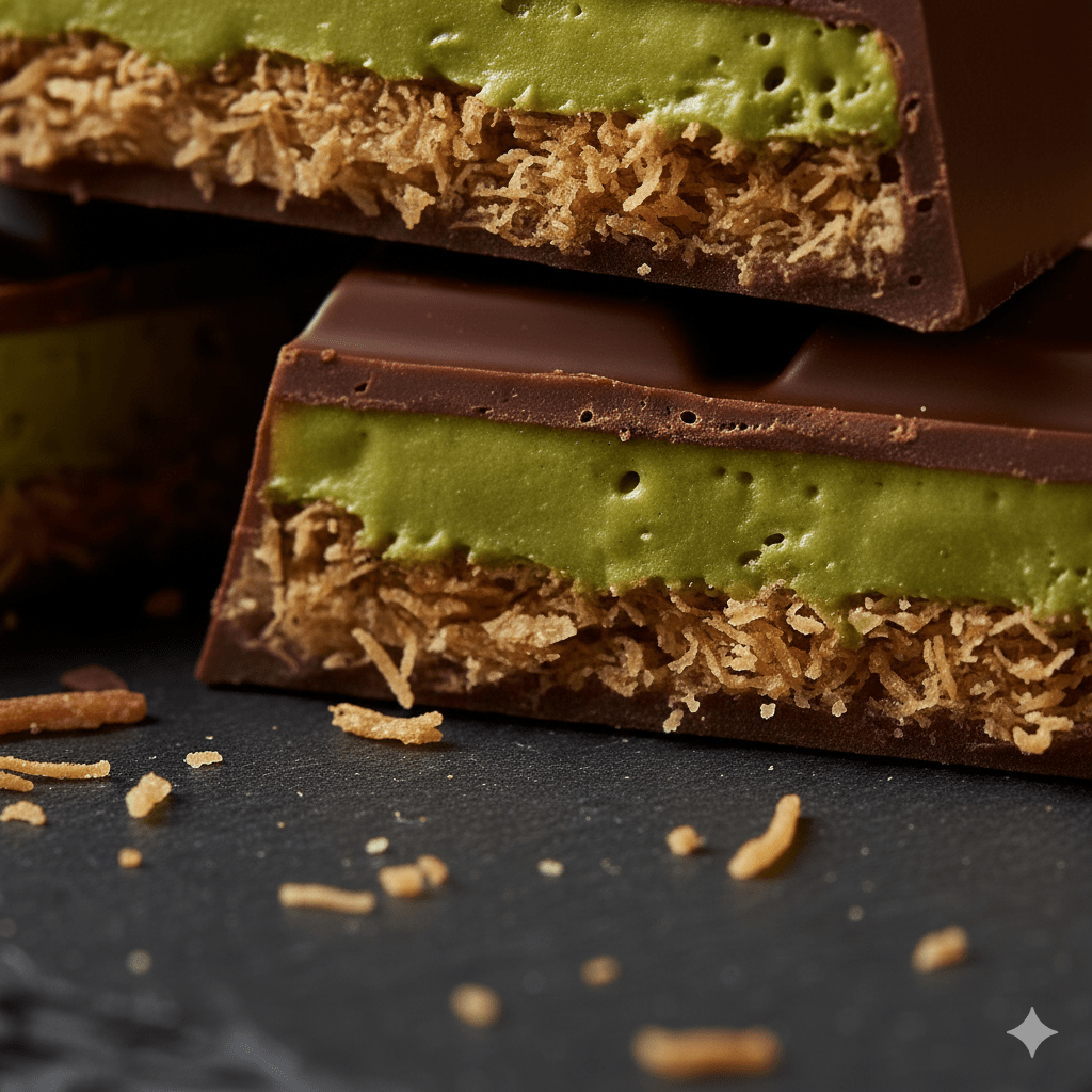 Macro cross-section showing pistachio cream and crunchy kataifi inside a chocolate bar.