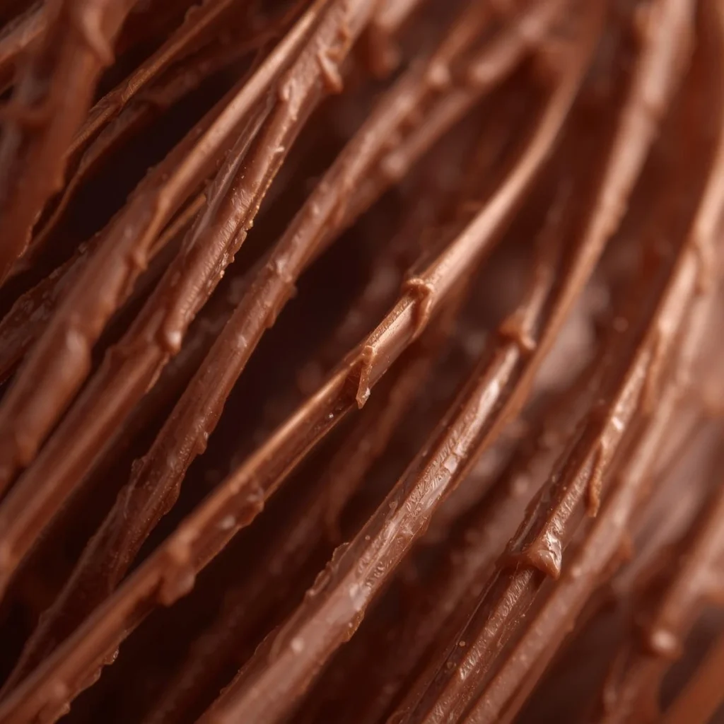 Macro detail of ultra-fine angel-hair chocolate strands showing glossy texture.