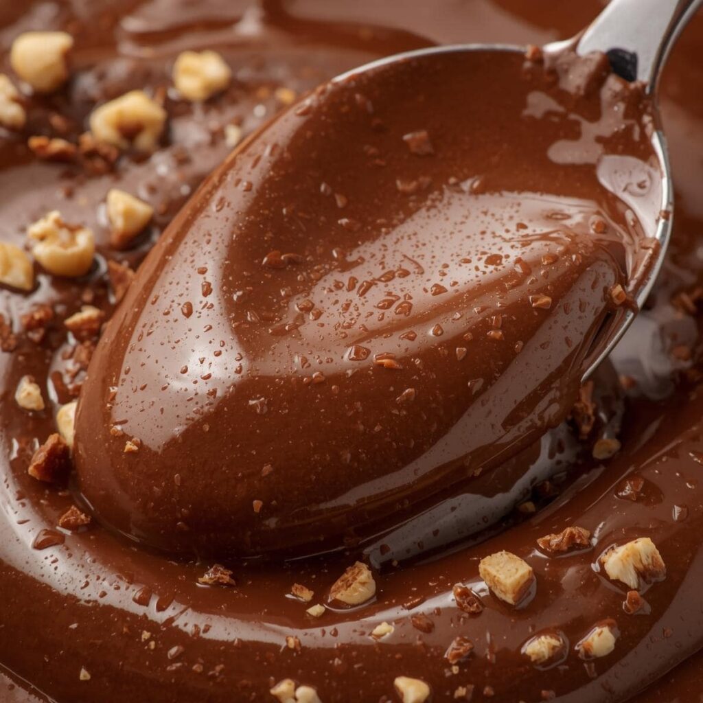 Macro of Kinder-style spread showing wafer pieces and glossy texture.