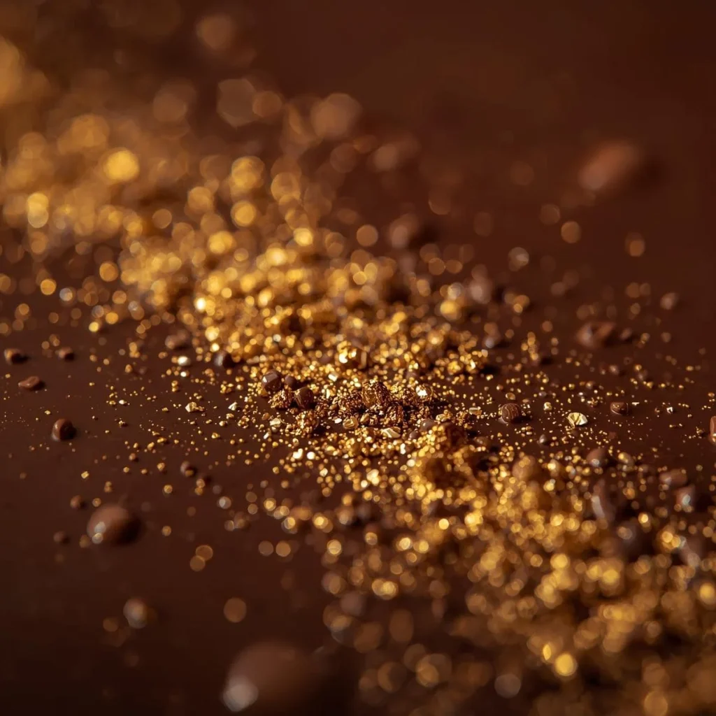 How to Make Dubai Chocolate at Home: Easy 2025 Recipe 4 Macro of edible gold dust sprinkled on dark chocolate