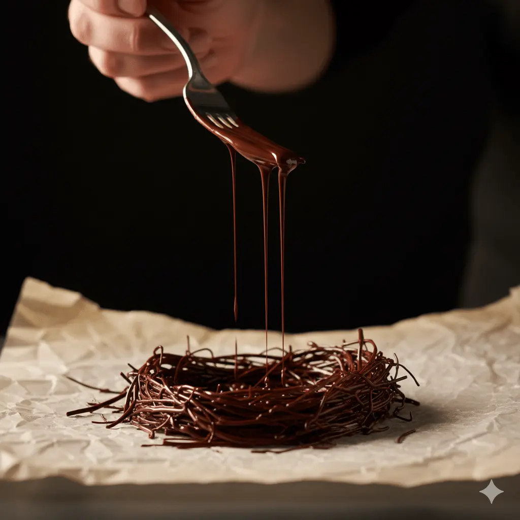 Melted chocolate being drizzled from a fork to form thin angel-hair strands over parchment Cheveux d’ange en chocolat