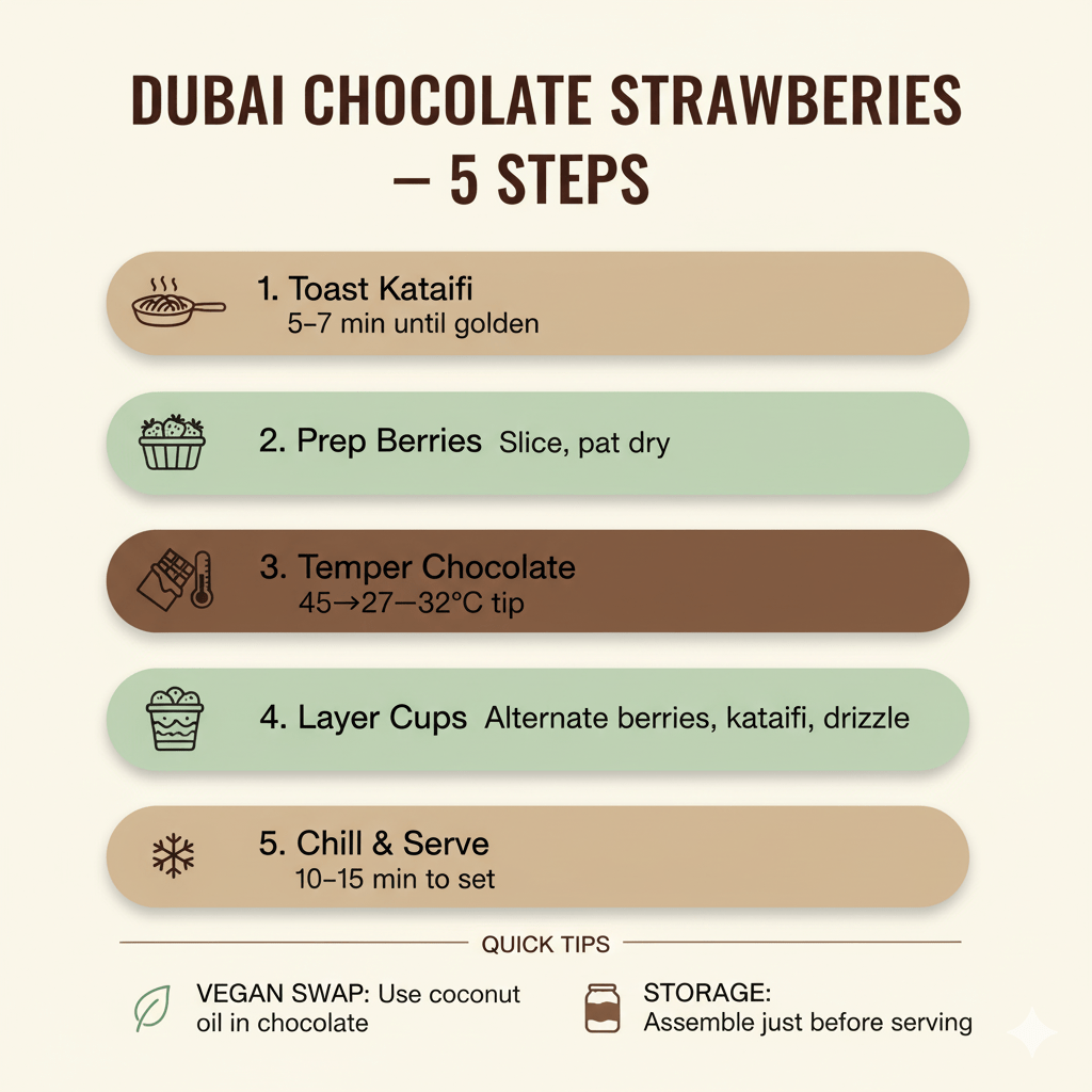 Mobile infographic showing five steps and tips to assemble Dubai chocolate strawberries, including tempering and vegan swaps.
