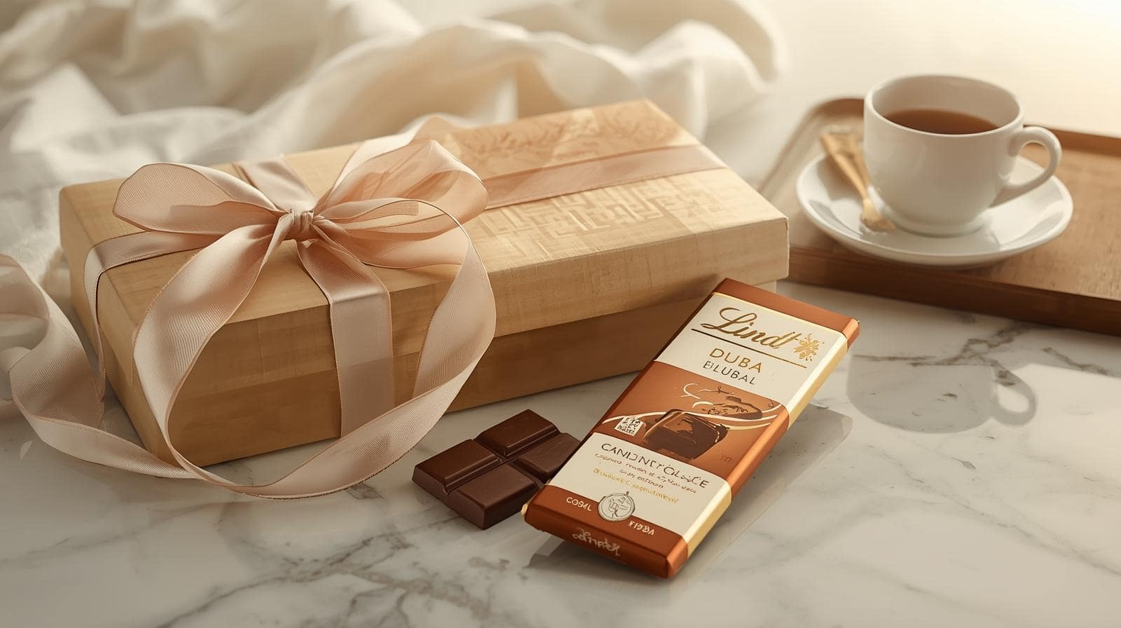 Packaged Lindt Dubai chocolate bars on marble with an unwrapped bar and an espresso cup.