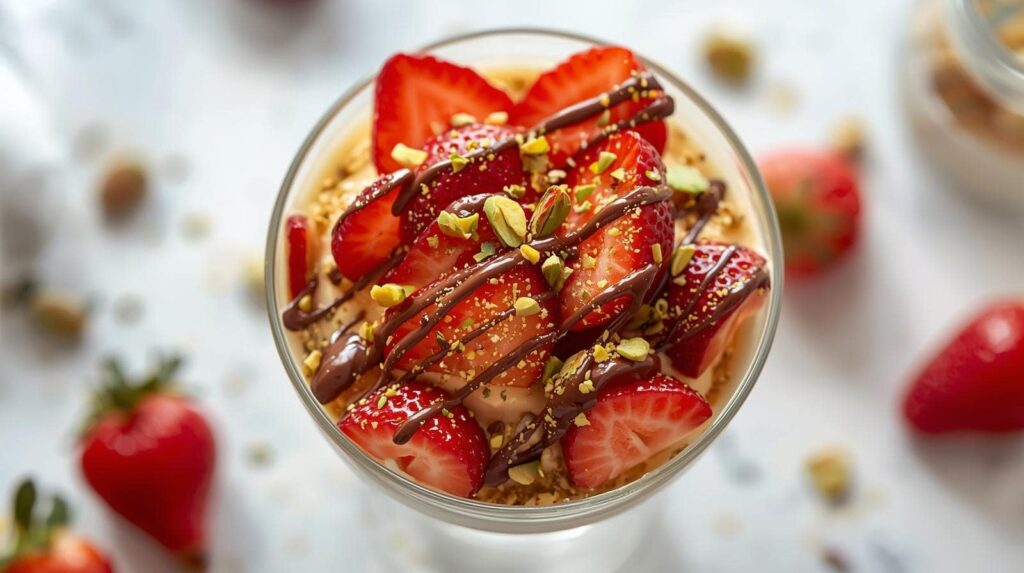 Parfait cup layered with strawberries, pistachio-kataifi mixture and glossy chocolate drizzle, topped with pistachios and gold dust.