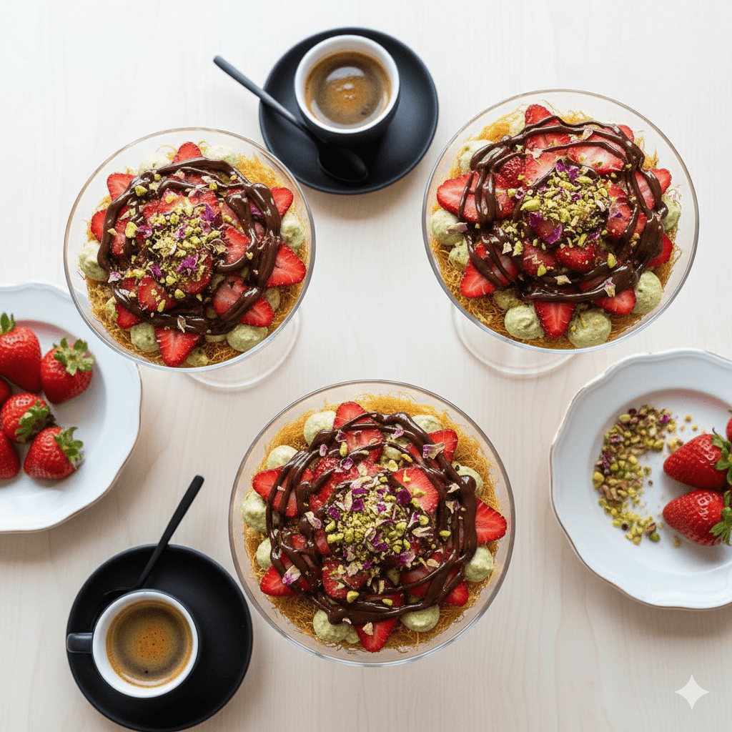 Party platter of trifle dishes filled with Dubai chocolate strawberries garnished with pistachios and rose petals.