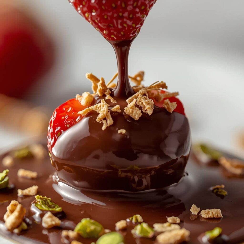 Strawberry half dipped in melted chocolate and topped with kataifi-pistachio crumbs.