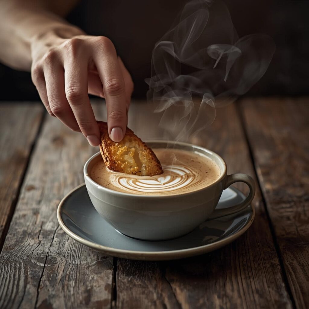 Tartine being dipped into a café au lait at breakfast.