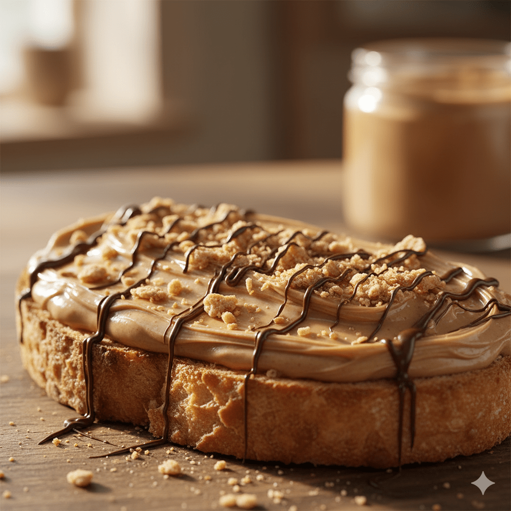 Toast topped with kinder-bueno-style spread and wafer crumbs.