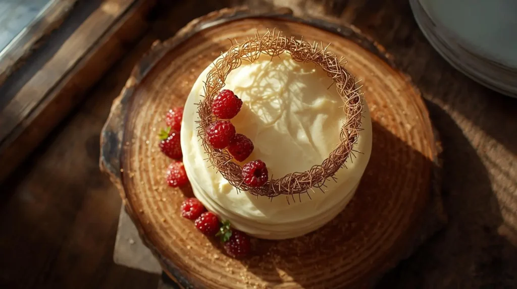 Vanilla cake topped with an angel-hair chocolate crown, garnished with berries and gold dust