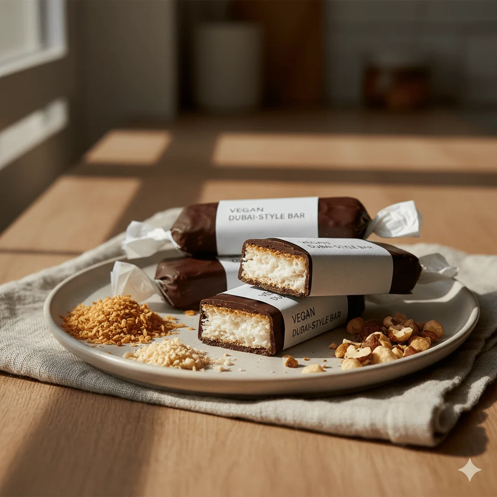 How to Make Dubai Chocolate at Home: Easy 2025 Recipe 3 Vegan Dubai-style chocolate bars with toasted coconut and chopped nuts