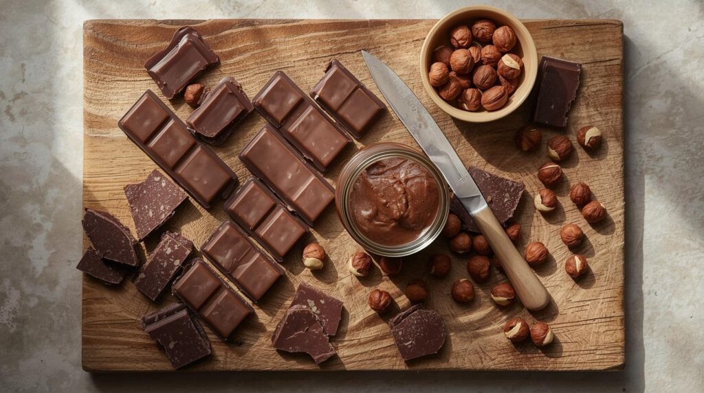 Easy Homemade Chocolate Recipes: Bars, Spreads, and Cookies for 2025 2 Wooden board with homemade chocolate bars, jar of chocolate spread, fudge and hazelnuts.